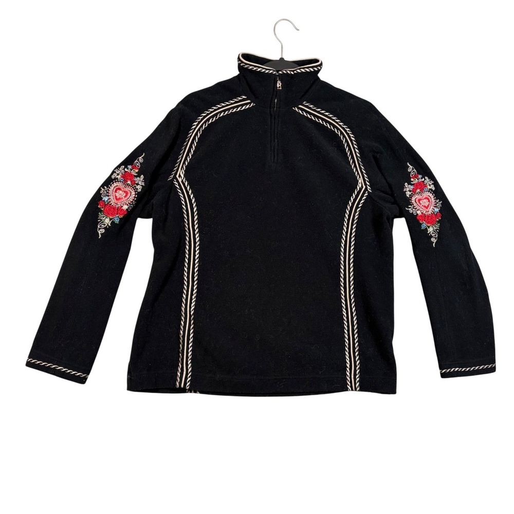 BOGNER Black‎ Fleece Embroidered Heart Floral Quarter Zip Pullover Women XXL
